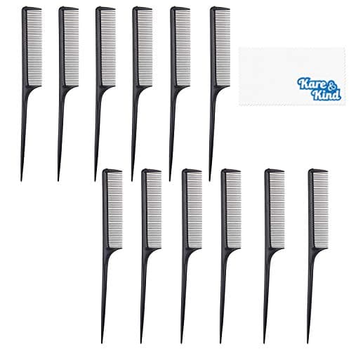 Image of Kare & Kind 12-pack Styling Comb - Black Color - Fine Tooth Rat Tail Combs - Plastic Material - Use for Adding Volume, Trimming, Root Teasing, Sectioning, Coloring, Hairstyling - Men Women - Gift