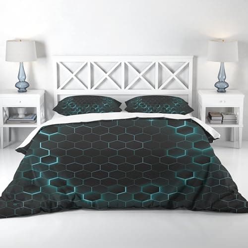 Image of Adam Home 3D Floral Duvet Cover Set With Pillowcases Home Bedroom Décor Digital Printed Microfiber King Bedding Set Made in UK|Green Hexagon