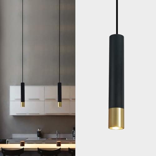Image of ouglres Pendant Light Black and Gold,Industrial Hanging Lamp,Durable Metal Lampshade,Modern Cylinder Wood Pendant Light for Bedroom Bedside Bar Cafe Kitchen,Height Adjustable,Gu10,1Pack
