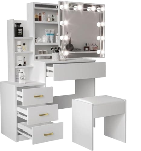Image of Blisswood Dressing Table with Led Bulb & Mirror and Stool, Vanity Desk with 4 Drawer 3 open Storage Shelves and 3 Hidden Shelves, Modern Makeup Table for Bedroom & Living Room (White)