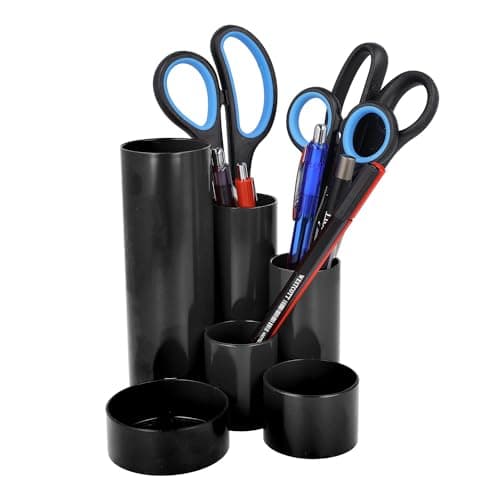 Image of Westcott pen holder black | pen holder with 6 round compartments as desk organiser | clear storage of pens and office accessories | E-744577 00