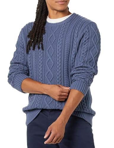 Image of Amazon Essentials Men's Long-Sleeve 100% Cotton Fisherman Cable Crewneck Jumper, Dark Blue, L