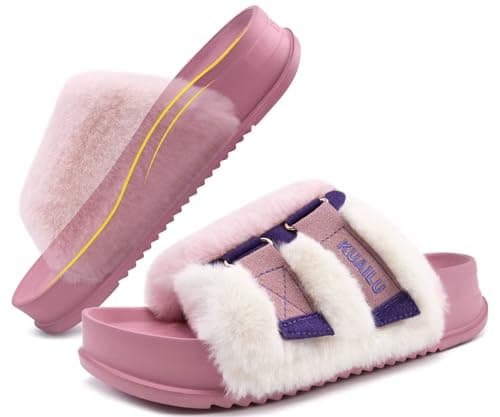 Image of KuaiLu Womens Platform Slipper with Arch Support Soft Cushion Faux Fur Sandals Open Toe House Slipper Fluff Slides Indoor Outdoor,Pink Size 4