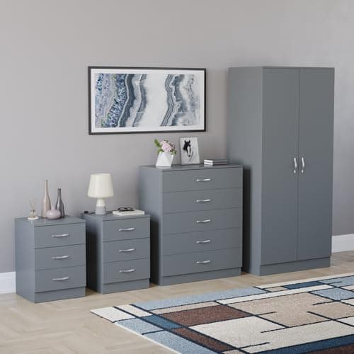 Image of Vida Designs Riano 4 Piece Bedroom Set - 3 Drawer Bedside Chest, 5 Drawer Chest, 2 Door Wardrobe - Grey