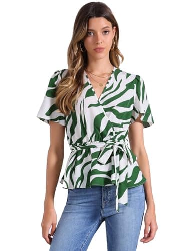 Image of Allegra K Printed Peplum Top for Women's Flutter Sleeves Elastic Waist Belt Wrap V Neck Blouse Green White L