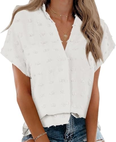 Image of Cicy Bell Women's Blouses Short Sleeve Shirts with V-Neck Summer Button Down Tops Casual Plain Bluse, White, M