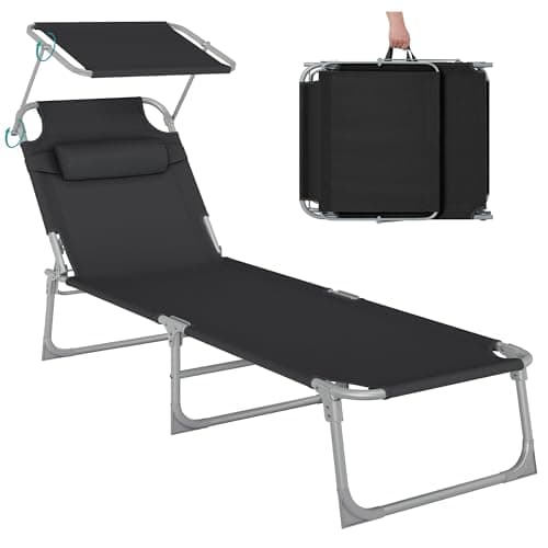 Image of SONGMICS Sun Lounger with Headrest, Backrest and Parasol, Tilt, Lightweight, Foldable, 53 x 193 x 29.5 cm, Load 150 kg, Garden, Black GCB192B01