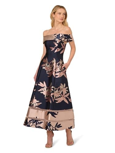 Image of Adrianna Papell Women's Off Shoulder Jacquard Dress, Navy/Blush, 18