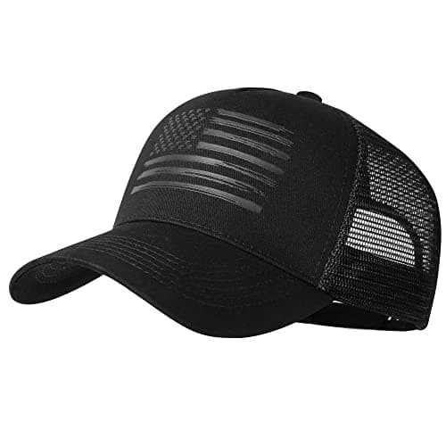 Image of VIONLAN Baseball Cap American Flag Trucker Hat for Men Women 3D Embossed Logo Adjustable Outdoor Mesh Snapback Hat, Black/Black Flag, One Size