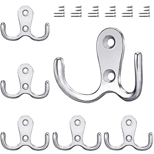 Image of Gorffy Door Hooks 6PCS, Retro Silver Double Heavy Duty Metal Coat Hook with 24 Screws for Hanging, Robe, Towel, Coat, Bag & Hat (Silver, 6PCS)