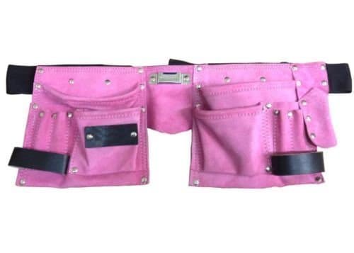 Image of Unibos Professional Pink Leather Tool Belt Double Pouch, Tool Organiser with 11 Pockets for Tools & Small Items, for Work or Ladies Hen Party & Fancy Party