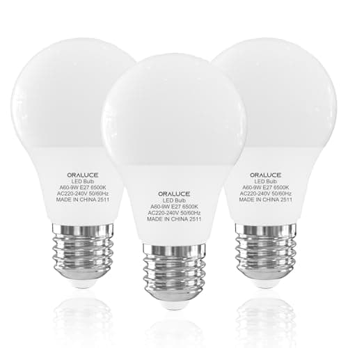Image of ORALUCE E27 Screw Bulb Cool White 60W Equivalent, 6500K E27 LED Bulb, 9W 900 Lumen Light Bulb Screw, Non Dimmable,GLS Energy Saving e27 Bulbs for Table Lamp, Floor Lampe, Wall Lamp, Pack of 3