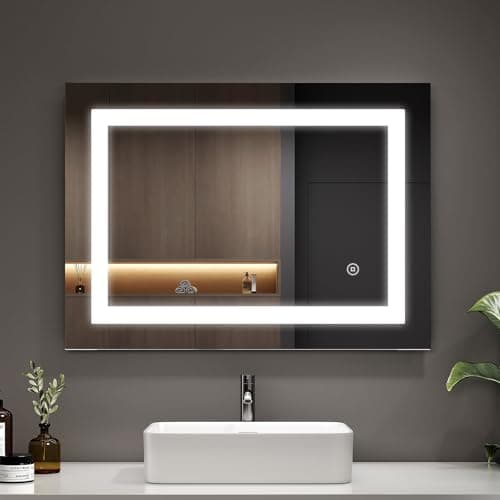 Image of EMKE 50 x 70 cm LED Bathroom Mirror with Shaver Socket, Illuminated Bathroom Mirror with LED Lights, Anti-fog/Dimmable/Touch Switch, Wall Mounted Vanity Mirrors, IP44, Horizontal/Vertical
