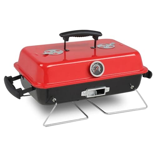 Image of Outopee Portable Charcoal Grill, Tabletop Outdoor Barbecue Smoker, Small Folding BBQ Grill with Lid, Thermometer, Stainless Steel Legs for Camping Garden Party Picnic Cooking, Black & Red