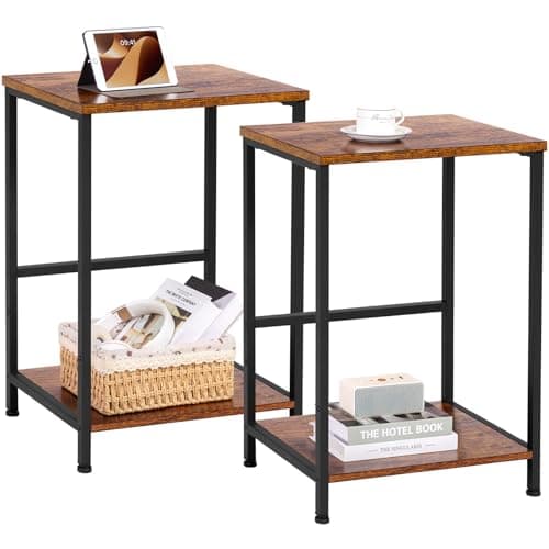 Image of AMHANCIBLE Side Tables Set of 2, 2-Tier Sofa Side Tables, Bedside Tables with Steel Frames, Small Coffee Table for Small Spaces, Modern Nightstand for Living Room, Bathroom, Brown UHET03SQBR