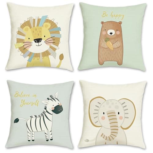 Image of Bonhause Cartoon Animals Cushion Covers 45 x 45 cm Lion Bear Zebra Elephant Polyester Linen Decorative Throw Pillow Covers for Sofa Couch Bed Home Patio Outdoor Decor Set of 4