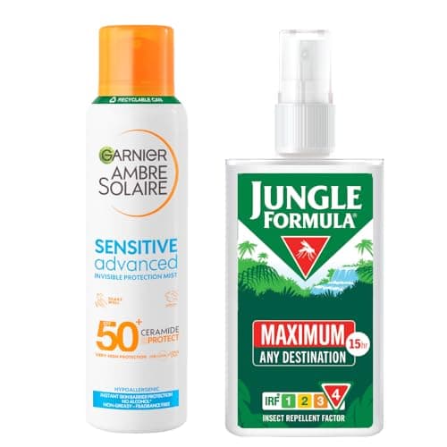 Image of Jungle Formula Maximum Strength Insect Repellent Pump Spray (90ml - 50% DEET) & Garnier Ambre Solaire Sun Spray SPF 50+ (150ml) - Travel Bundle for Insect and Sun Protection