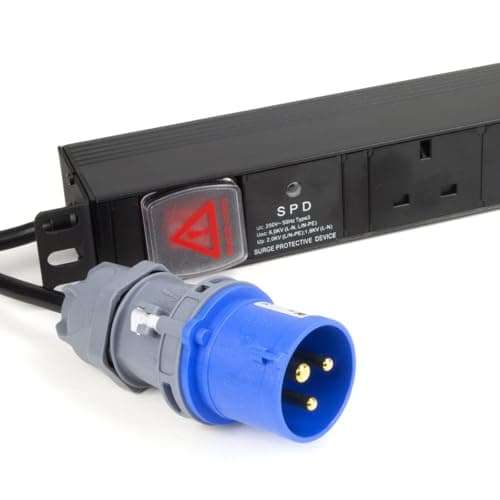 Image of kenable PDU 6 Way UK Sockets to 16A Commando Plug Power Distribution Unit Surge Protected 19" Rack Mount 3m Cable Horizontal 4000W