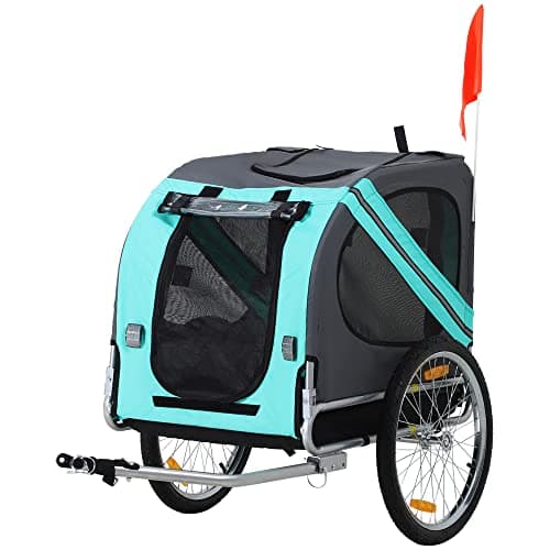 Image of PawHut Folding Dog Bike Trailer Pet Cart Carrier for Bicycle Travel in Steel Frame with Hitch Coupler - Light Blue & Grey
