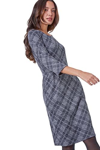 Image of Roman Shift Dress with Pockets for Women UK - Ladies Summer Autumn Winter Smart Casual Work Short 3/4 Sleeve Tunic Knee Length Pleated Gathered Waist Tea Loose Dark Grey