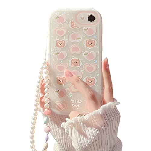Image of Ownest Compatible with iPhone 7 iPhone 8 iPhone SE Case,Aesthetics Phone Case with Bear Love Heart Pattern for Girls Womens,Camera Protective Cute Phone Case for iphone 7/8/SE + Pearl Chain