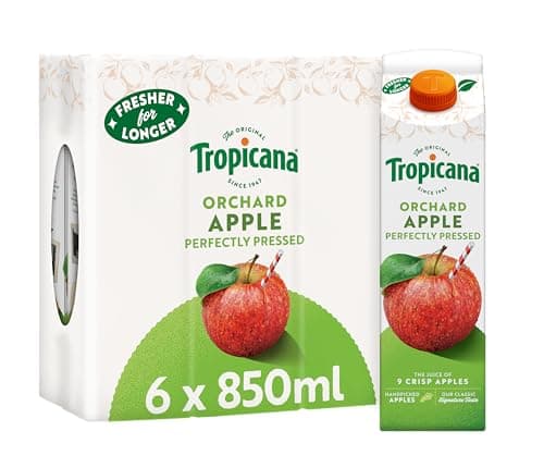 Image of Tropicana - Long Life Pure Pressed Apple Fruit Juice with Vitamin C - Long Shelf Life Apple Juice - Breakfast Drink, Fresh Drink, Drinks Multipack - 6 x 850ml