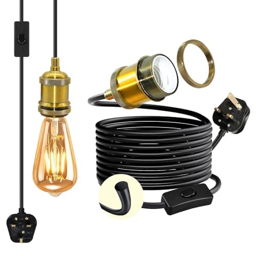 Image of Vintage Brass Pendant Light Fitting, 5 M Black Round Cable Hanging Lamp with Plug in Cord, Industrial Plug in Ceiling Light Fixture,Copper E27 Lamp Holder, Retro Hanging Light Kit for DIY Lampshade