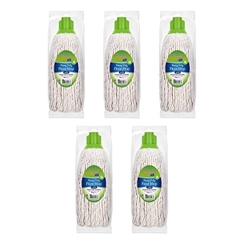 Image of HOMESHOPA 5 Pack Mop Heads Replacement, 18 Size Green Colour Coded Self Threading Plastic Push in Socket Refill Head, Super Absorbent Wet & Dry Floor Cleaning for Domestic & Commercial Use