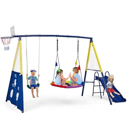 Image of 5 in 1 Kids Swing Set, Heavy Duty Metal Frame Swing and Slide Set for Backyard & Garden, Outdoor Play Equipment with Nest Swing seat for Boys Girls, 150kg Weight Capacity, Yellow & Blue