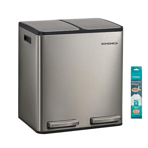 Image of SONGMICS 2 x 4 Gallon (2 x 15 L) Kitchen Bin, 2-Compartment Recycling Bin with 15 Rubbish Bags, Removable Inner Buckets, Lid, Handles, Soft Close, Stainless Steel, Silver LTB130EZ01