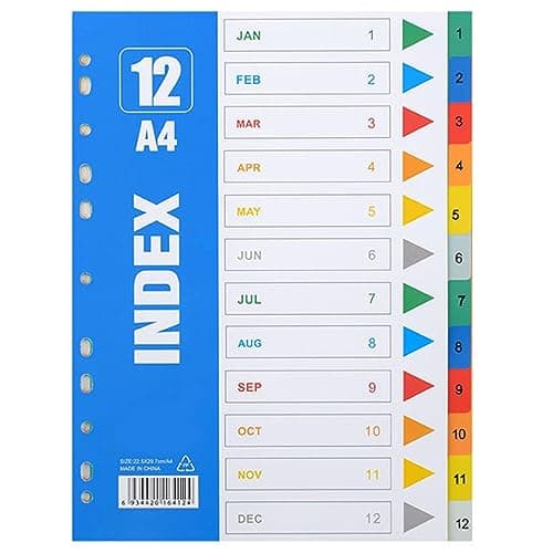 Image of Faderr A4 File Dividers 12 Part Extra Wide Colored Tabs Plastic File Dividers in Assorted Colors for Lever Arch with 11 Pre-Punched Holes for Home, School, Office, College(Multi-Color)