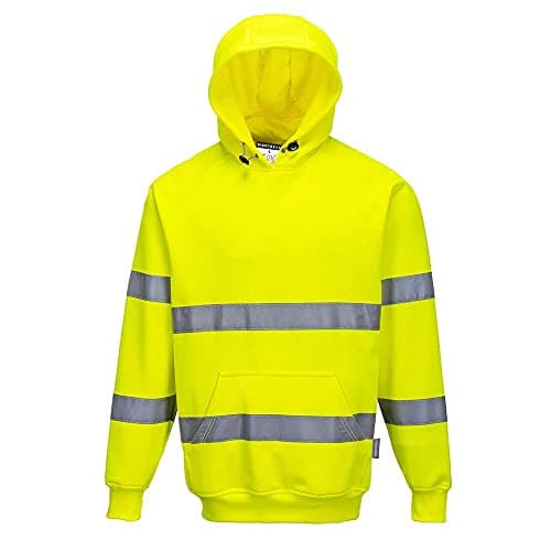 Image of Portwest B304 Hi Vis Hoodie Mens EN ISO 20471 Class 3 Hooded Reflective Bio Motion Tape 40 Plus UPF Work Hoodies Polycotton 300g Brushed Back Kangaroo Pocket Warehouse Construction, Yellow, S