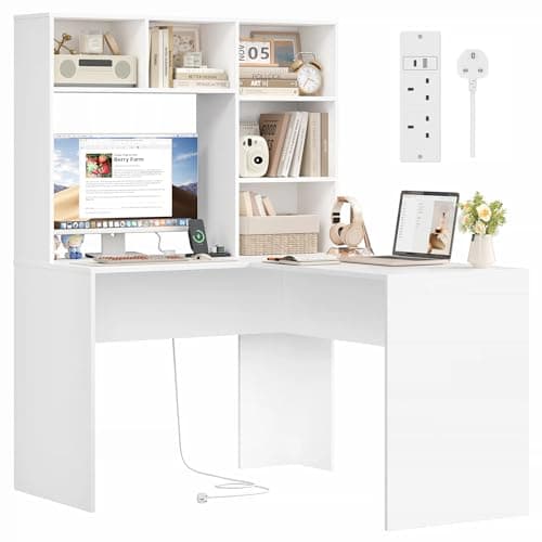 Image of FirFurd L Shaped Desk with Power Outlet Computer Corner Desk with Storage Shelves Study Table Home Workstation Office Furniture Wooden 108x125x153cm White