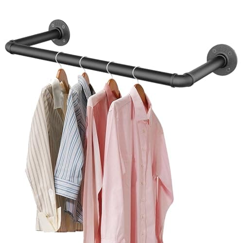 Image of SMILOVII Wall Mounted Clothes Rail, Industrial Metal Garment Hanging Storage Rail, 49cm Detachable Heavy Duty for Home Shops and Closets, Black