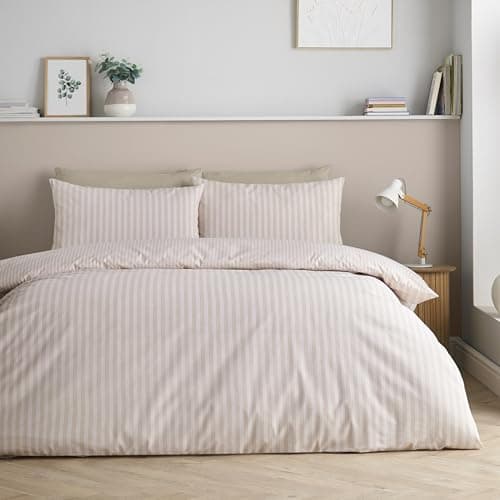 Image of Catherine Lansfield Epping Textured Stripe Reversible King Duvet Cover Set with Pillowcases Natural