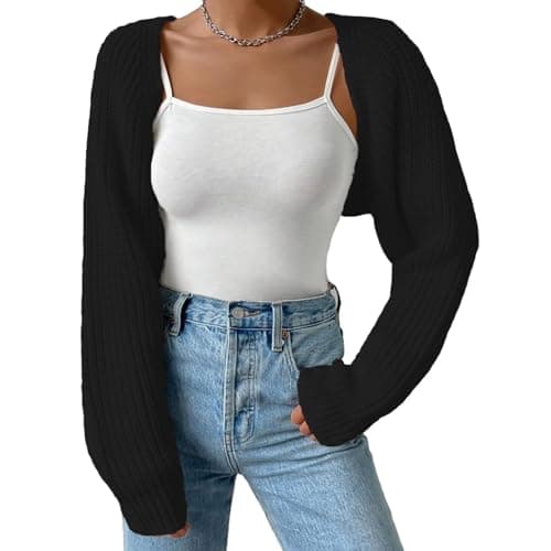 Image of Qianderer Women Open Front Ribbed Knit Crop Bolero Shrug Drop Shoulder Long Sleeve Solid Loose Fit Knitted Crop Cardigan (Black, M)