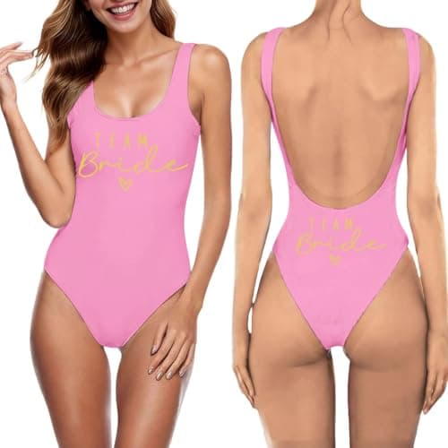 Image of Women's Team Bride One Piece Swimsuit Beach Swimwear Tummy Control Bathing Suit Swimming Costume Hen Party Beachwear Retro Backless Stretchy Comfortable Bikini Swimsuits Pink
