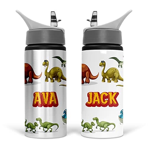 Image of Personalised Dinosaur Water Bottle for Kids – 600ml Aluminium Bottle with Flip-Up Lid and Straw – Leakproof & Spillproof Design – Ideal for School, Sports, Hiking, or Travel – Add Custom Name