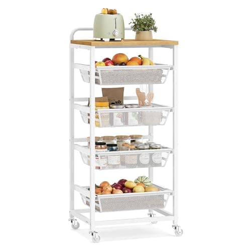 Image of VASAGLE 5-Tier Storage Trolley with Pull-Out Baskets, Kitchen Shelf with Wheels, Handle, 31.7 x 40 x 95 cm, Golden Oak and Matte White LRC041YA01