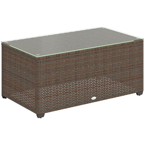 Image of Outsunny Outdoor Coffee Table, PE Rattan Side Table with Tempered Glass Top, Wicker Rectangular Garden Coffee Table End Table with Steel Frame for Patio, Balcony, 90 x 50 x 38cm, Brown