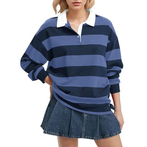 Image of Women's Oversized Striped Sweatshirt Long Sleeve Rugby Collared Pullover Tops Loose Fit Shirt Mock Top (Blue, L)