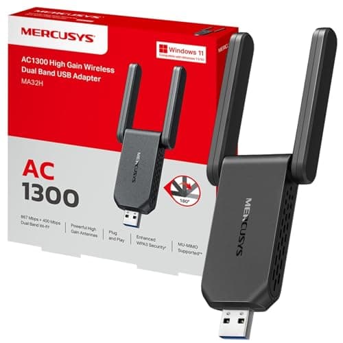 Image of MERCUSYS MA32H TP-Link AC1300 3.0 USB WiFi Dongle for PC, Dual-Band USB WiFi Adapter for PC, Two High Gain Antennas, Win10/11, MU-MIMO, Plug&Play, WPA3 Security, Broader Coverage, Lower Latency