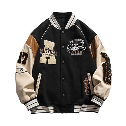 Image of Men Varsity Jacket Color Block Letter Print College Baseball Jackets Vintage Outwear with Pockets Unisex Coat Patchwork Top Fall Bomber Biker Jacket Outwear Black
