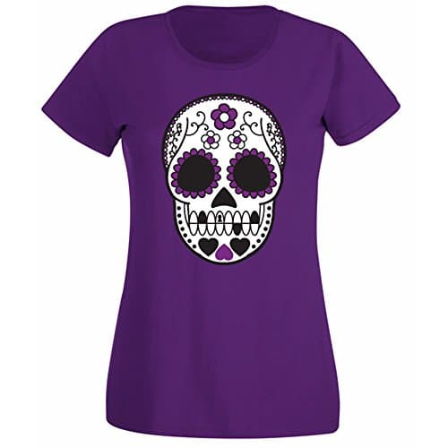 Image of Womens Mexican Sugar Skull Tattoo Style T-Shirt Purple UK 14-16 (XXL)