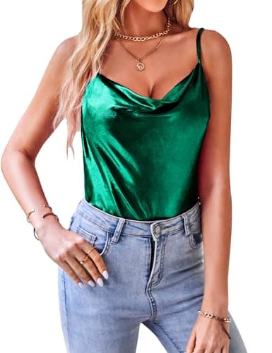 Image of VIDUSSA Sparkly Tops for Women Cowl Neck Glitter Vest Top Spaghetti Strap Cami Tank Shirt Blouse Green XL