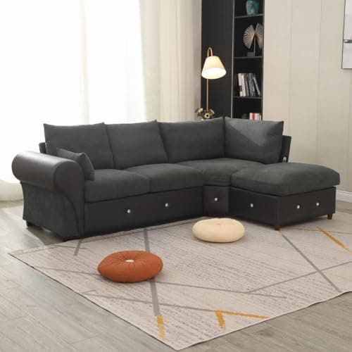 Image of Panana Fabric and Faux Leather Corner Sofa 3-4 Seater L Shape Sofa with Built- in USB Port Chaise, Dark Grey
