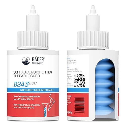 Image of BÄDER Threadlocker B243Eco Medium Strength Blue 50ml Bottle - High Temperature Resistant, Fluorescent - Works on All Metals and Threads, for Large Threads - Quality Made in Germany
