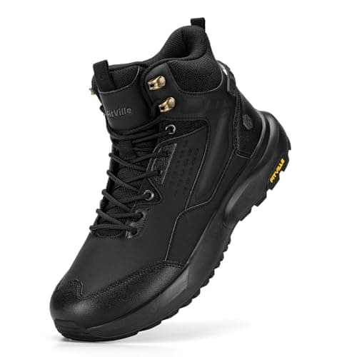 Image of FitVille Men's Wide Fit Hiking Boots, Mid Ankle Outdoor Trekking Boot, Lightweight Comfortable Non-Slip Shoes, Jet Black, 10 UK X-Wide