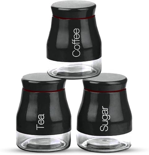 Image of ATEK 3Pcs Tea Coffee Sugar Canisters Black, Glass Kitchen Canisters Tea and Sugar Storage canisters set Jars Pots Containers with Screw Lid Food Multipurpose Class Coffee Jars