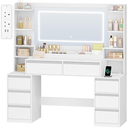 Image of HEXCELEN 135 cm Dressing Table with Mirror, Vanity Desk, Adjustable 3-Colour LED Lights, Dressing Table with Plug, Hairdryer Holder, 8 Drawers, Open Storage Spaces, Modern, White-Silver